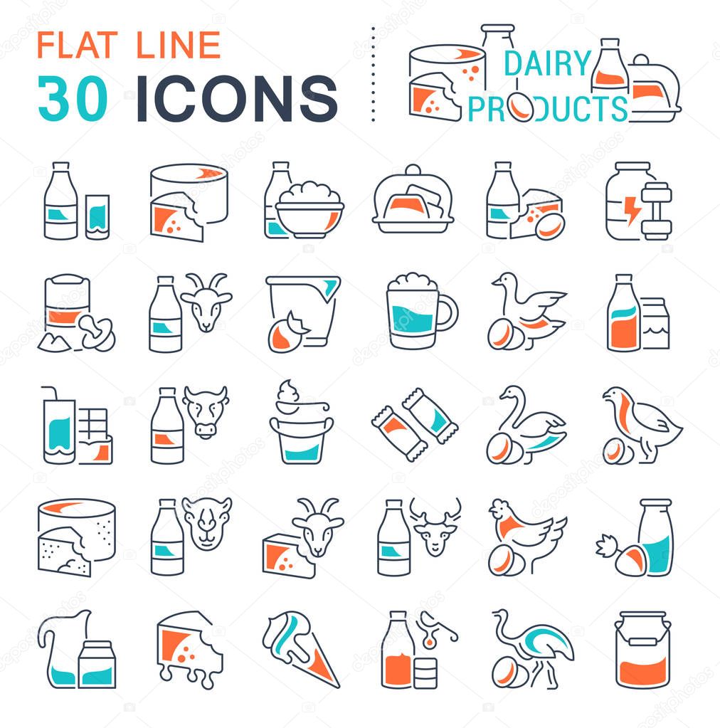 Set of vector line icons, sign and symbols with flat elements of dairy products for modern concepts, web and apps. Collection of infographics logos and pictograms.