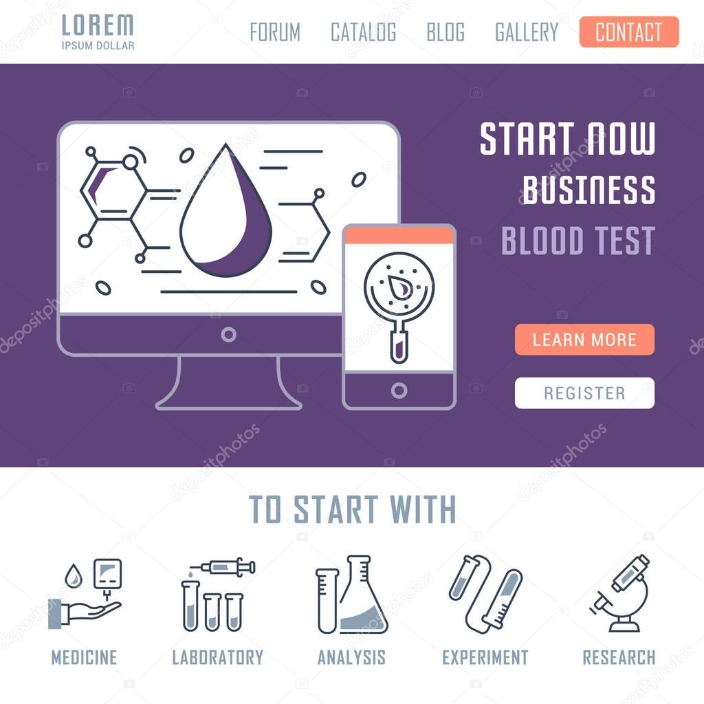 Line illustration of blood test. Concept for web banners and printed materials. Template with buttons for website banner and landing page.