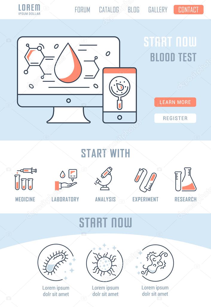 Line illustration of blood test. Concept for web banners and printed materials. Template with buttons for website banner and landing page.