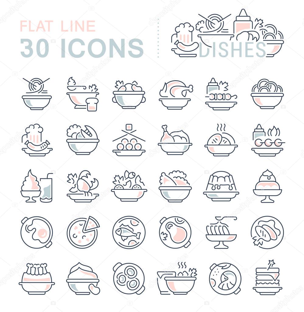 Set of vector line icons, sign and symbols with flat elements of dishes for modern concepts, web and apps. Collection of infographics logos and pictograms.