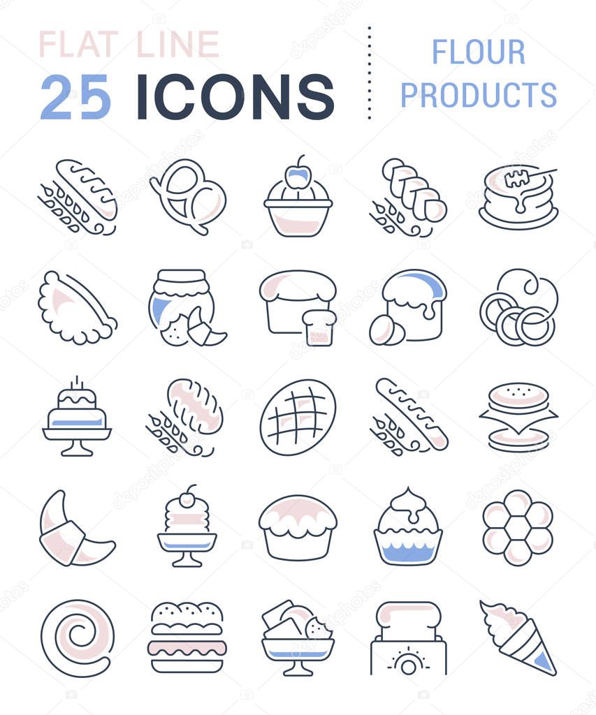 Set of vector line icons, sign and symbols with flat elements of flour products for modern concepts, web and apps. Collection of infographics logos and pictograms.
