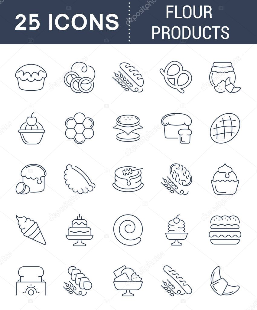 Set of vector line icons, sign and symbols of flour products for modern concepts, web and apps. Collection of infographics elements, logos and pictograms.