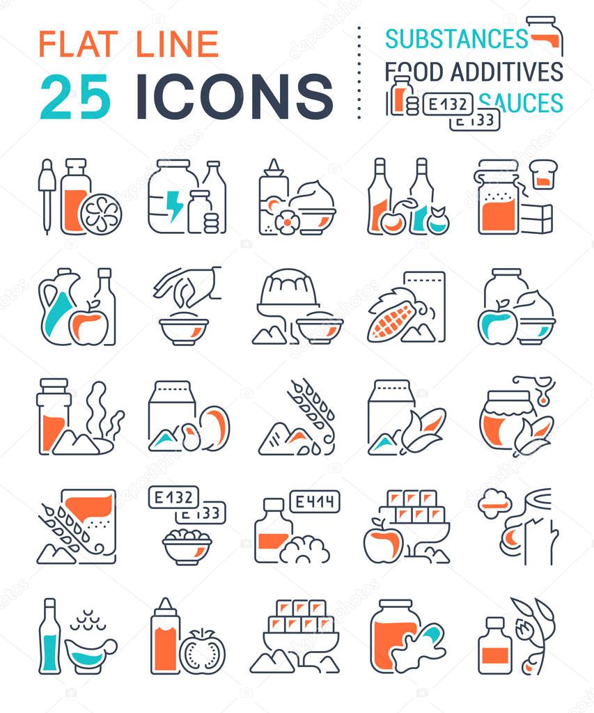 Set of vector line icons, sign and symbols with flat elements of food additives for modern concepts, web and apps. Collection of infographics logos and pictograms.