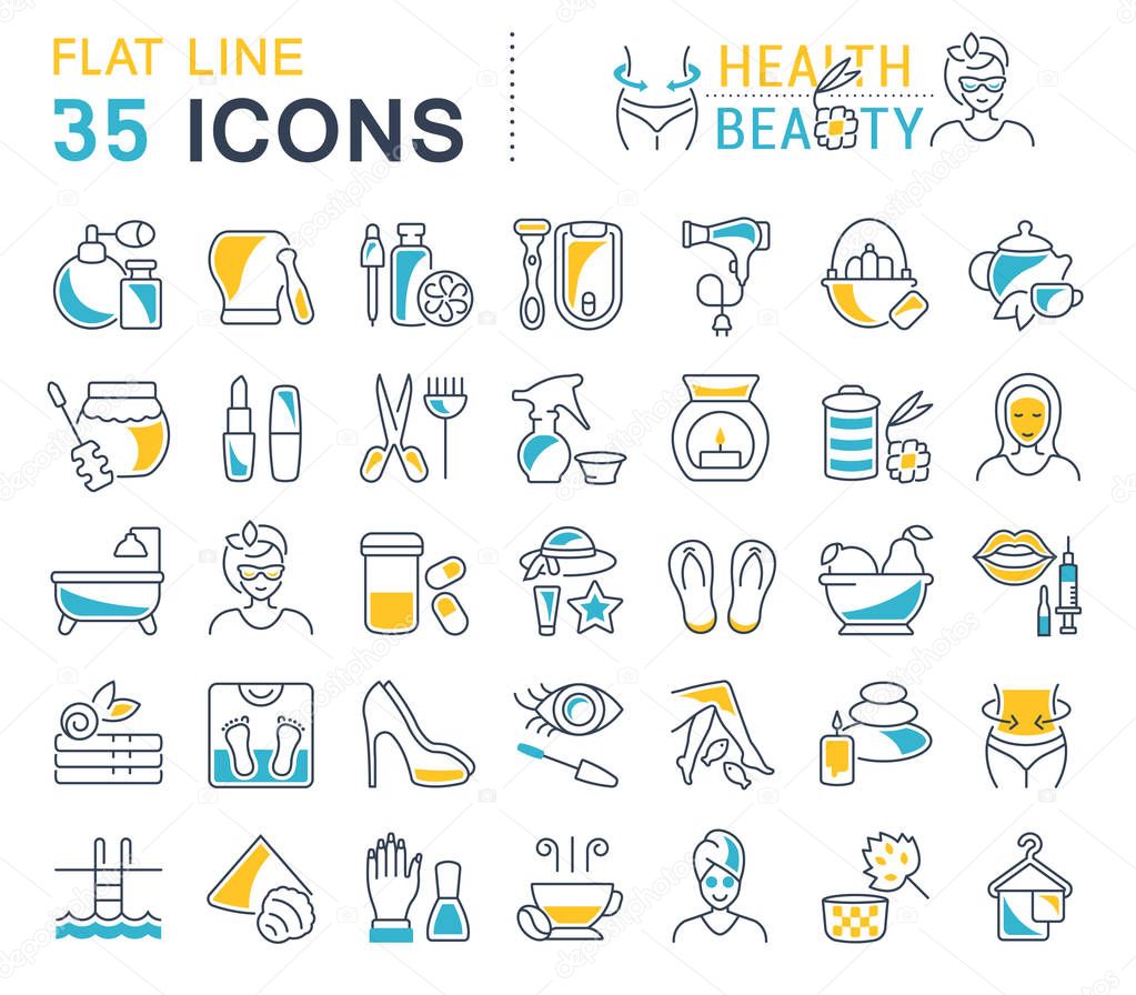 Set of vector line icons, sign and symbols with flat elements of health and beauty for modern concepts, web and apps. Collection of infographics logos and pictograms.