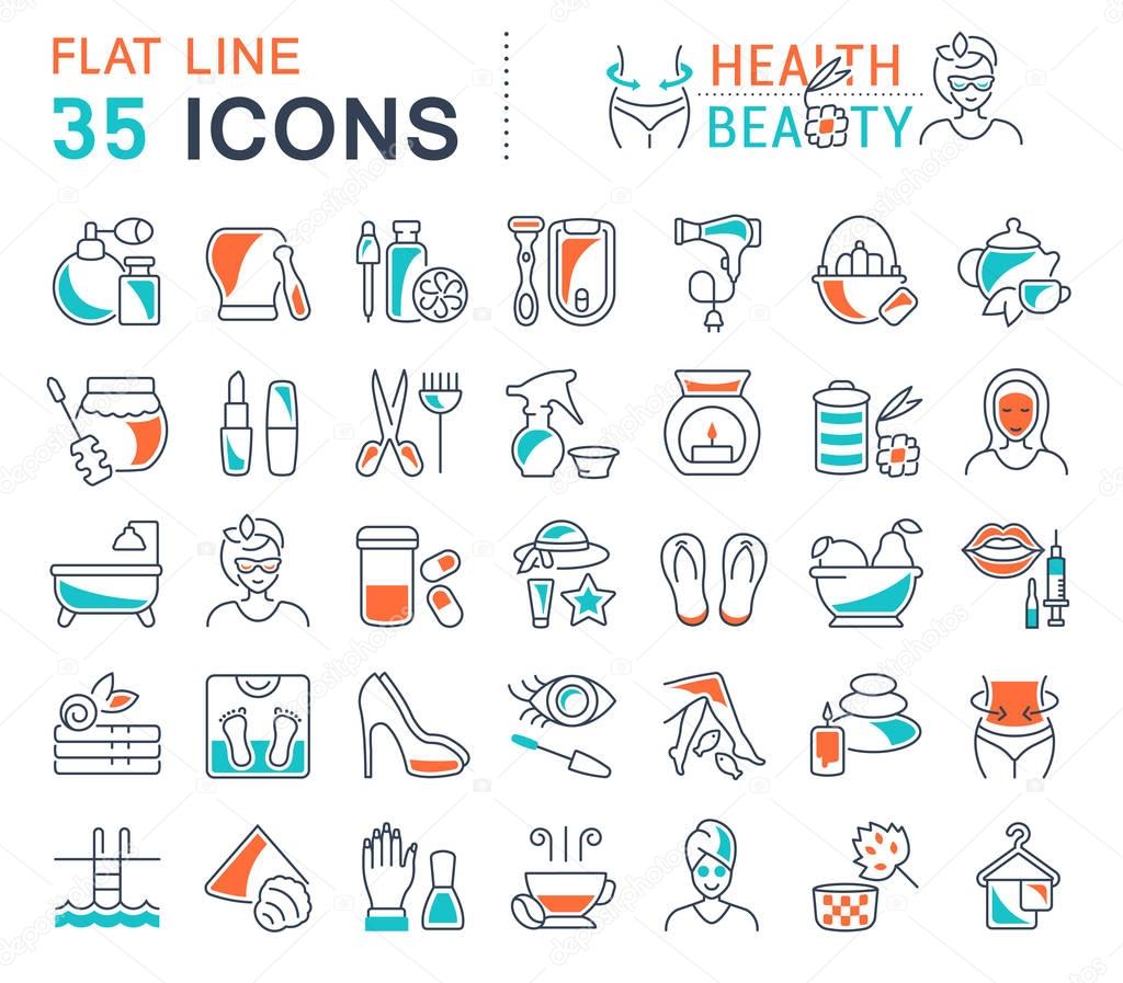 Set of vector line icons, sign and symbols with flat elements of health and beauty for modern concepts, web and apps. Collection of infographics logos and pictograms.