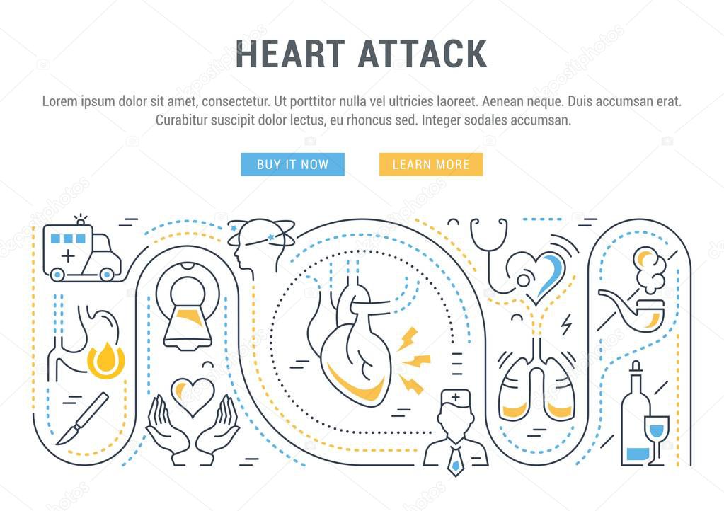 Line illustration of heart attack. Concept for web banners and printed materials. Template with buttons for website banner and landing page.