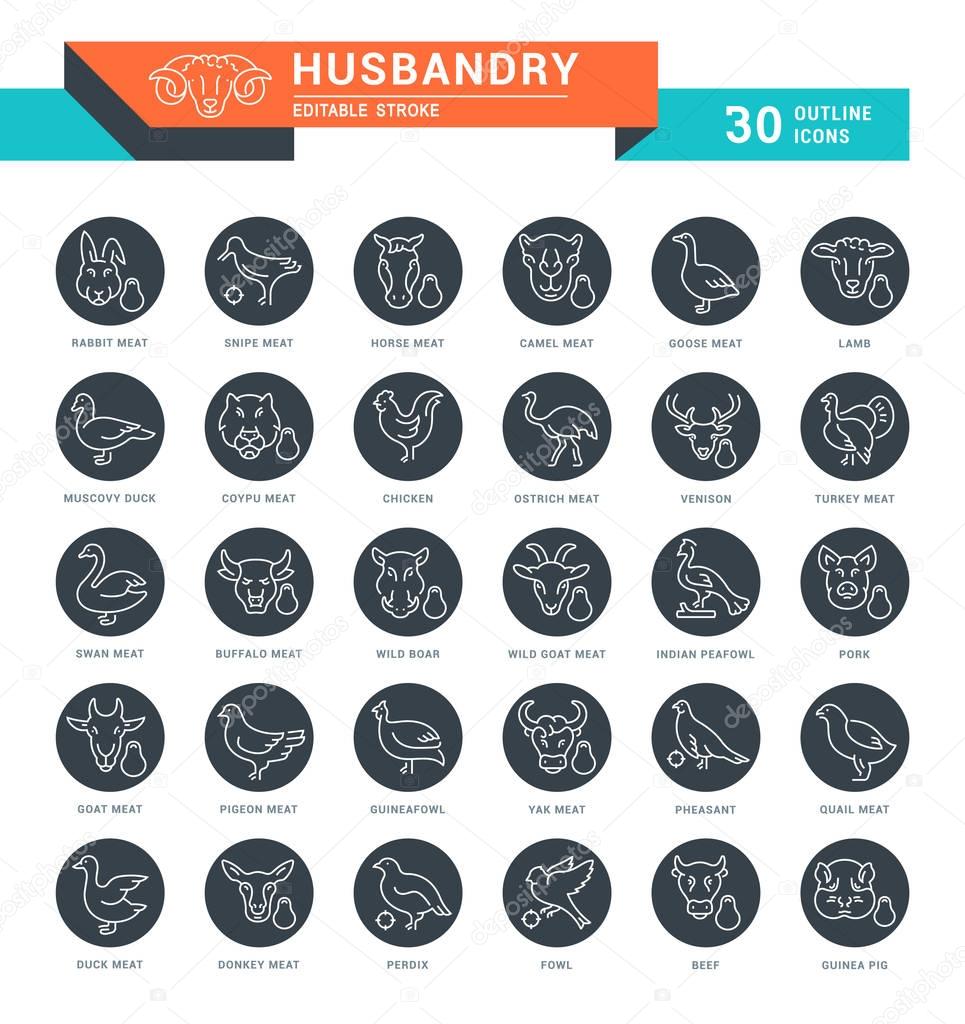 Set of outline white icons on black rounds of husbandry with names. Collection vector thin line signs. Simple linear pictogram pack for web graphics and apps.