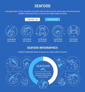 Hat illüstrasyon deniz ürünleri. Web afiş ve basılı malzemeleri için kavram. Düğmelerle Web sitesi banner ve açılış sayfası için şablon.
