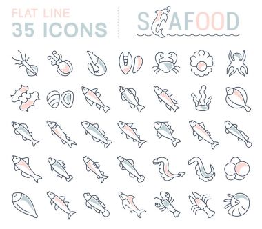 Set of vector line icons, sign and symbols with flat elements of seafood for modern concepts, web and apps. Collection of infographics logos and pictograms. clipart
