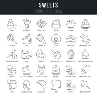 Anahat işaret ve sembolleri tatlılar adlarla kümesi. Simgeler ve infographics koleksiyonu vektör ince çizgi öğeleri. Web grafikleri ve uygulamalar için basit doğrusal piktogram paketi.