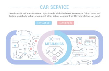 Araba Servisi çizgi çizimi. Web afiş ve basılı malzemeleri için kavram. Düğmelerle Web sitesi banner ve açılış sayfası için şablon.