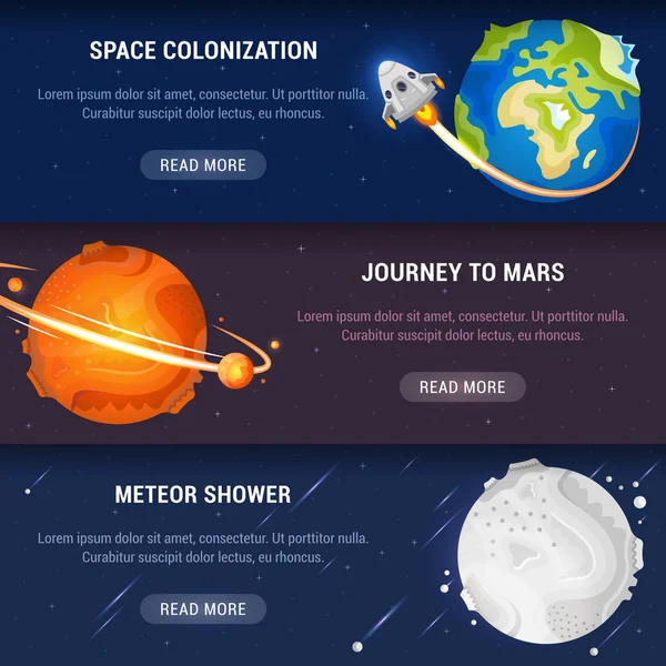 カラフルな空間のバナーを設定します スペース植民地化 流星群と火星への旅のベクトル イラスト — ストックベクタ