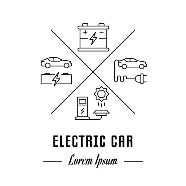 Vector logo electric car. Hipster emblem, label or banner for electric car. Line sign with elements. Concept brand.