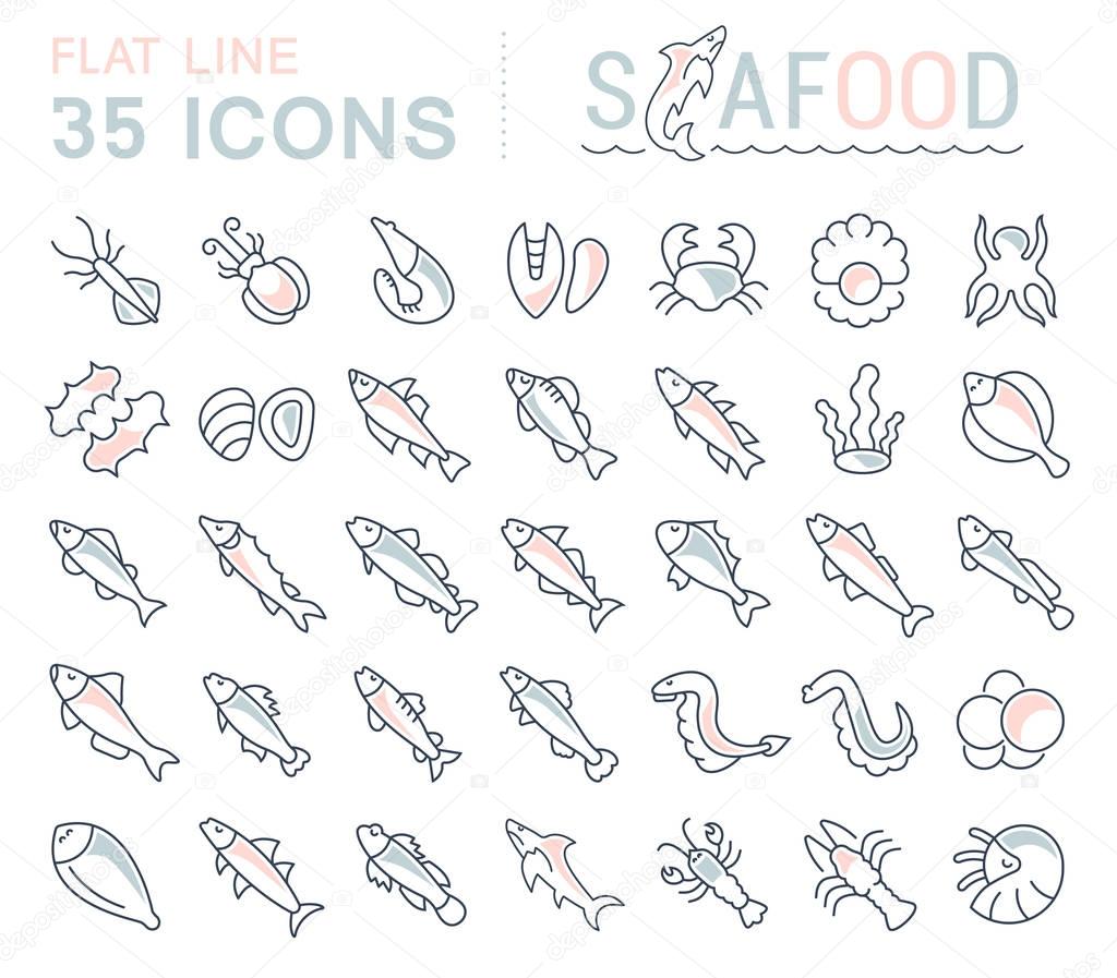 Set of vector line icons, sign and symbols with flat elements of seafood for modern concepts, web and apps. Collection of infographics logos and pictograms.