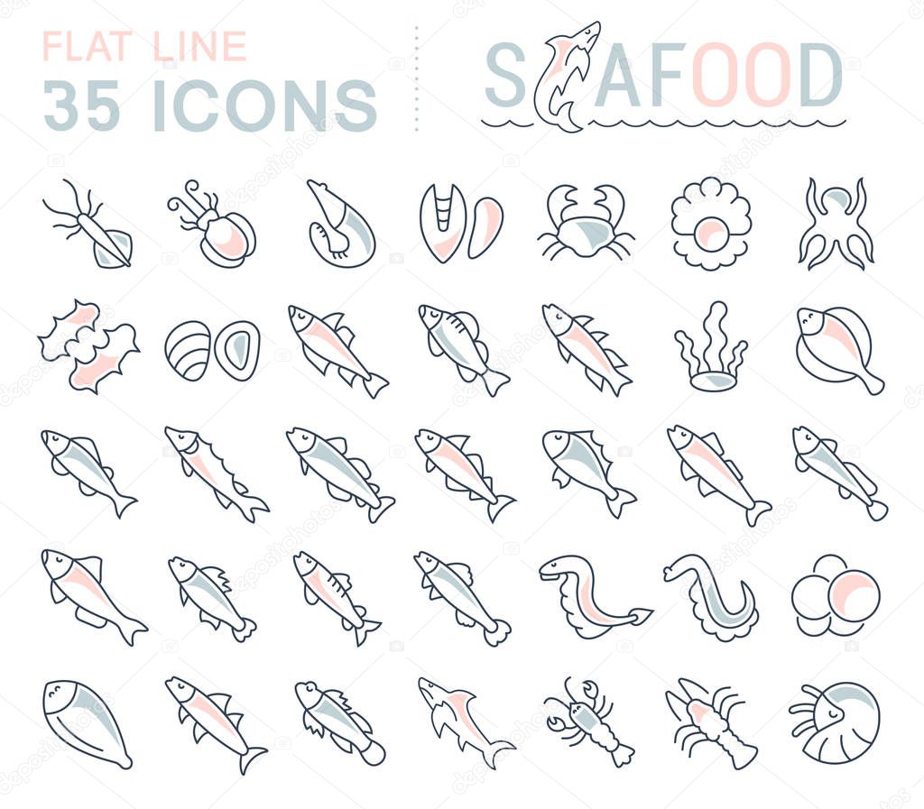 Set of vector line icons, sign and symbols with flat elements of seafood for modern concepts, web and apps. Collection of infographics logos and pictograms.