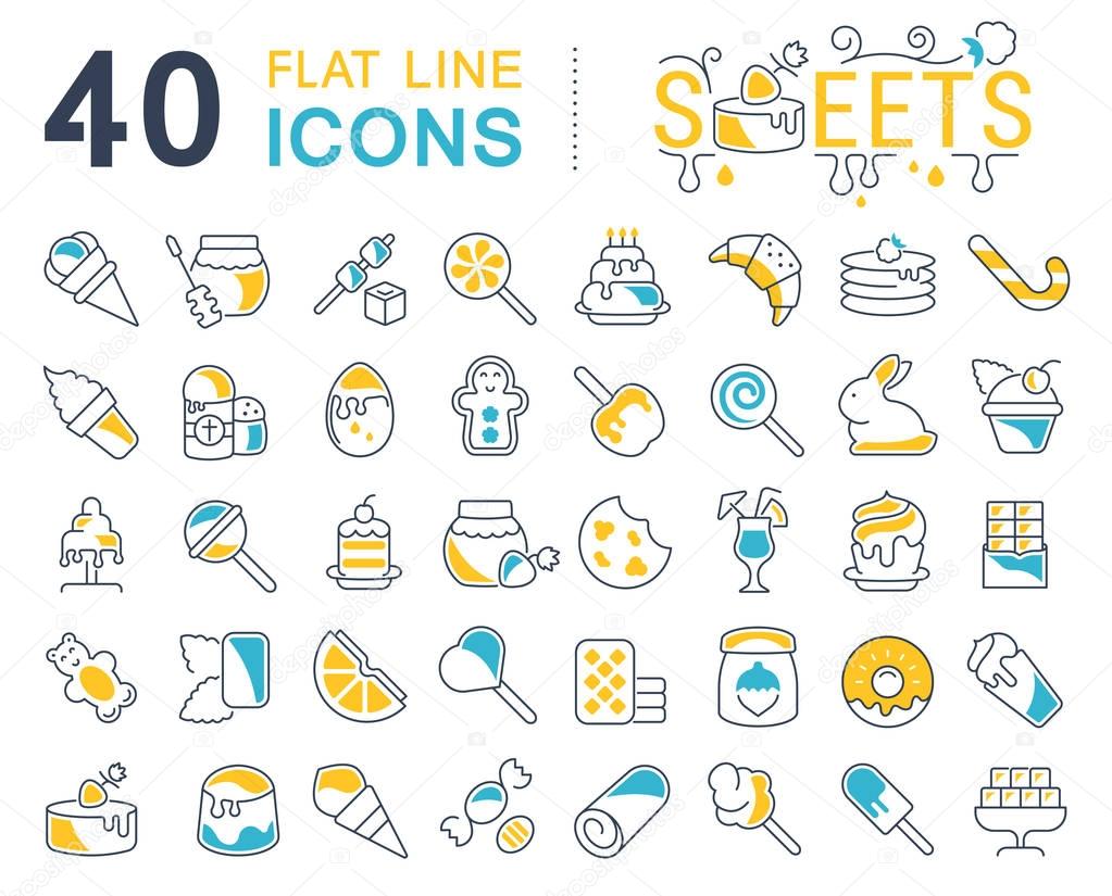 Set of vector line icons, sign and symbols with flat elements of sweets for modern concepts, web and apps. Collection of infographics logos and pictograms.