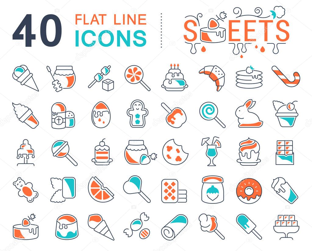 Set of vector line icons, sign and symbols with flat elements of sweets for modern concepts, web and apps. Collection of infographics logos and pictograms.