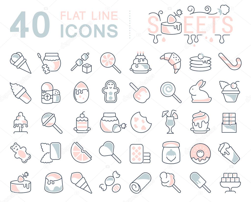 Set of vector line icons, sign and symbols with flat elements of sweets for modern concepts, web and apps. Collection of infographics logos and pictograms.