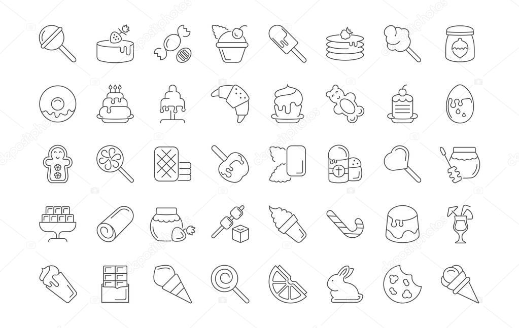 Collection of line gray icons of sweets. Set of vector simple concepts for creative projects and apps. Info graphics elements and pictograms.