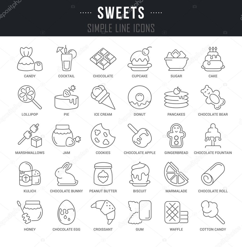 Set of outline signs and symbols of sweets with names. Collection vector thin line icons and infographics elements. Simple linear pictogram pack for web graphics and apps.