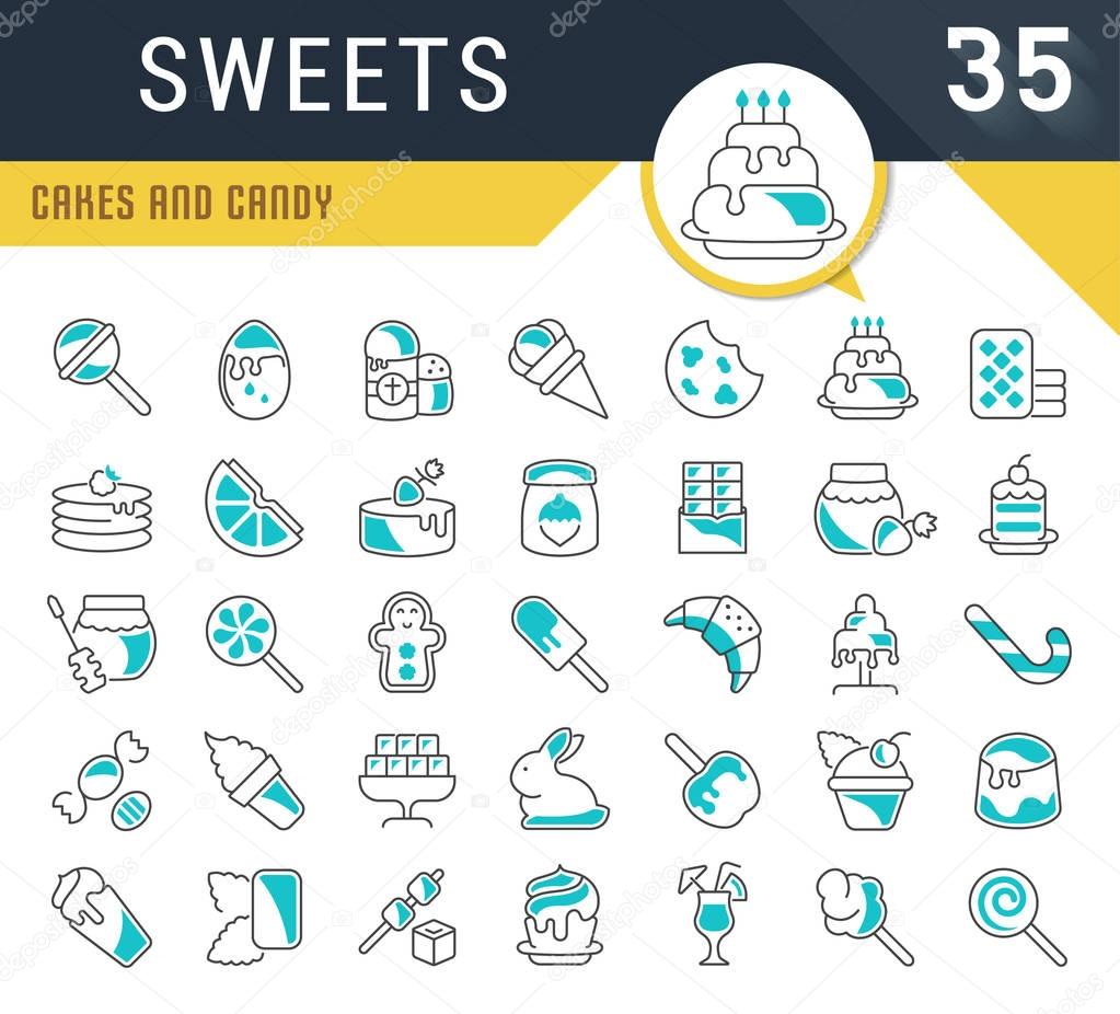 Set of vector line icons, sign and symbols of sweets for modern concepts, web and apps. Collection of infographics logos and pictograms.