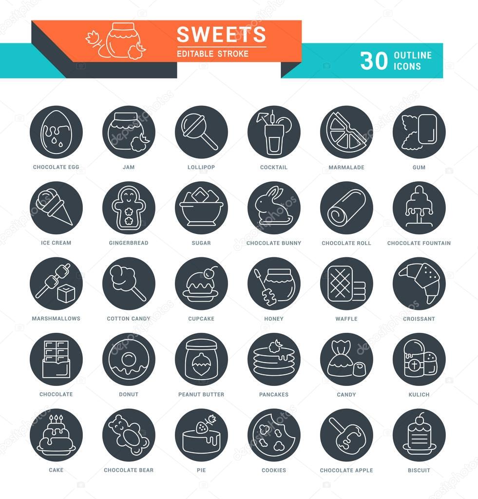 Set of outline white icons on black rounds of sweets with names. Collection vector thin line signs. Simple linear pictogram pack for web graphics and apps.