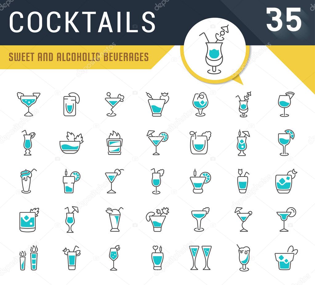 Set of vector line icons, sign and symbols of cocktails for modern concepts, web and apps. Collection of infographics logos and pictograms.