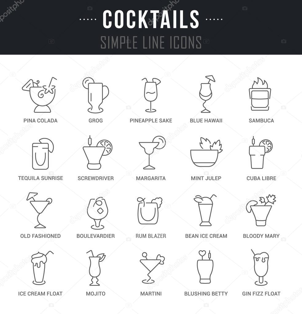 Set of outline signs and symbols of cocktails with names. Collection vector thin line icons and infographics elements. Simple linear pictogram pack for web graphics and apps.