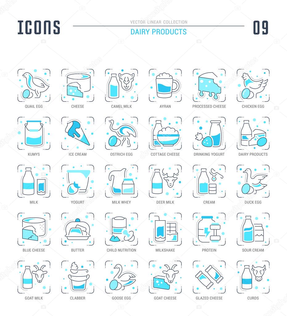 Collection of vector flat icons with thin line elements of dairy products. Set of clean design, and outline signs. Simple linear infographics and pictograms pack for web graphics and apps.