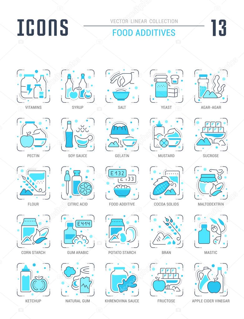 Collection of vector flat icons with thin line elements of food additives. Set of clean design, and outline signs. Simple linear infographics and pictograms pack for web graphics and apps.