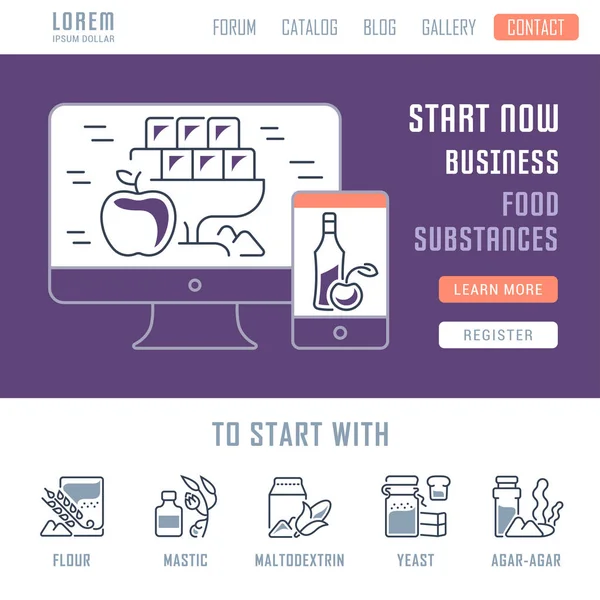 Site Web Bannière et page d'atterrissage des substances alimentaires . — Image vectorielle