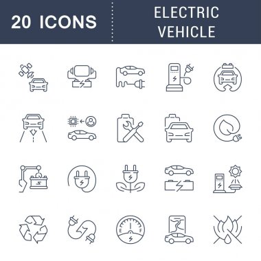 Elektrikli araç vektör hat Icons set.