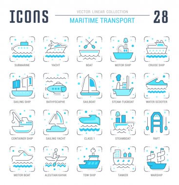 Deniz taşımacılığı, mavi çizgili Icons set.