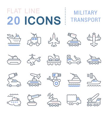 Askeri ulaşım vektör hat Icons set.