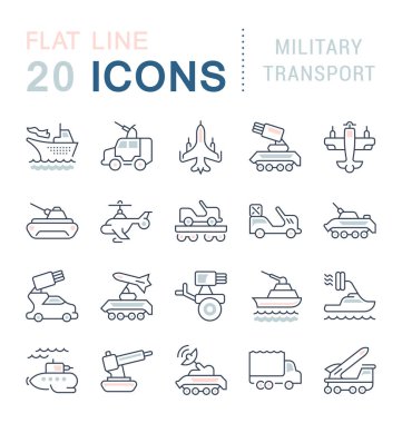 Askeri ulaşım vektör hat Icons set.