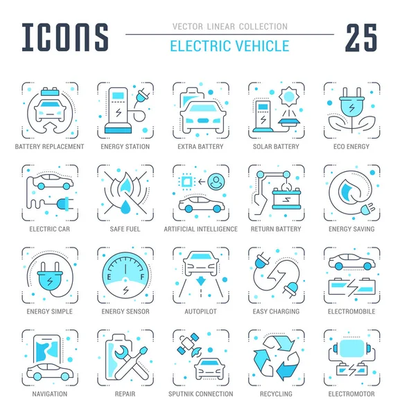 Zestaw ikon niebieska linia samochodu elektrycznego. — Wektor stockowy