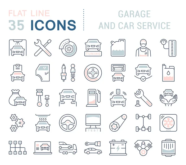Vektor vonal ikonok a garázs és az autó szolgáltatás beállítása. — Stock Vector