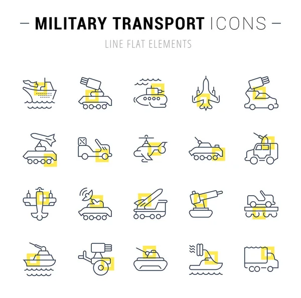 Askeri ulaşım vektör hat Icons set.