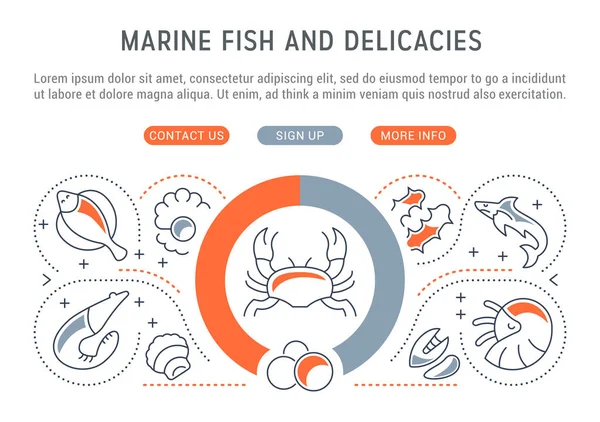 Site Banner and Landing Page of Marine Fish and Delicacies . — Vetor de Stock