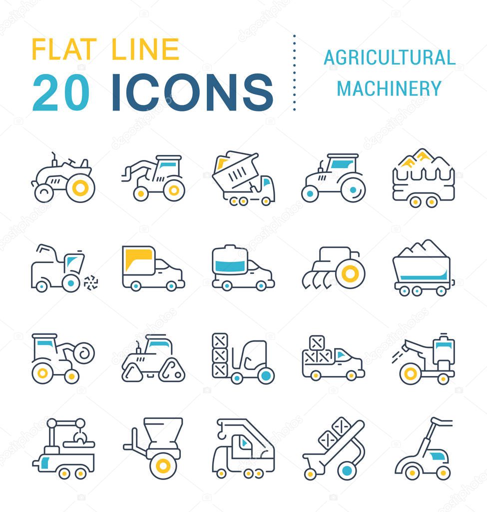 Set of vector line icons, sign and symbols with flat elements of agricultural machinery for modern concepts, web and apps. Collection of infographics logos and pictograms.