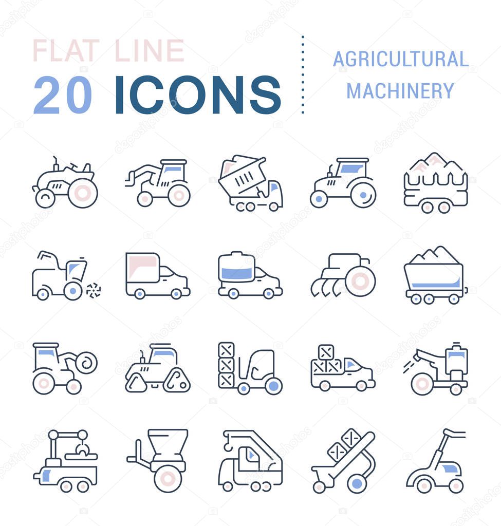 Set of vector line icons, sign and symbols with flat elements of agricultural machinery for modern concepts, web and apps. Collection of infographics logos and pictograms.