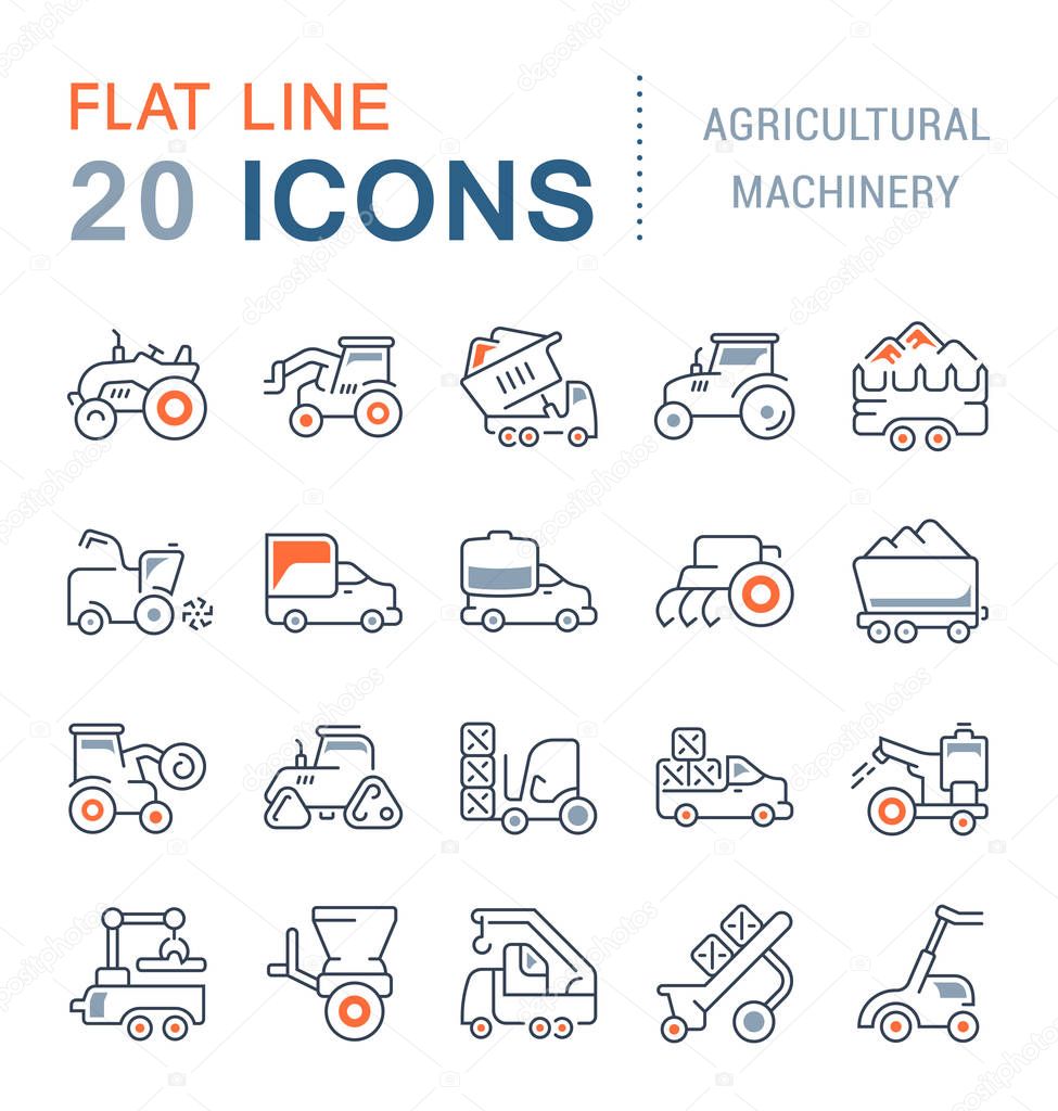 Set of vector line icons, sign and symbols with flat elements of agricultural machinery for modern concepts, web and apps. Collection of infographics logos and pictograms.