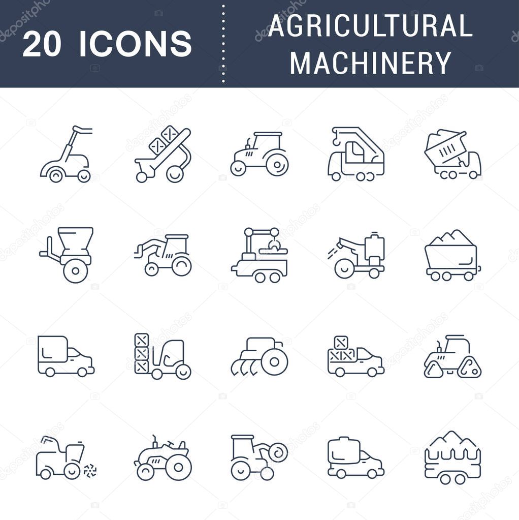Set of vector line icons, sign and symbols of agricultural machinery for modern concepts, web and apps. Collection of infographics elements, logos and pictograms.