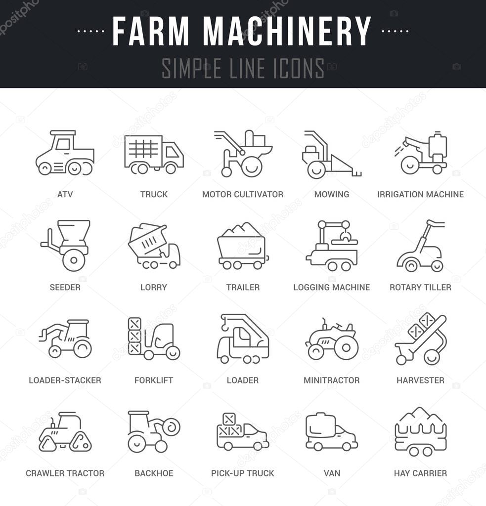 Set of outline signs and symbols of farm machinery with names. Collection vector thin line icons and infographics elements. Simple linear pictogram pack for web graphics and apps.