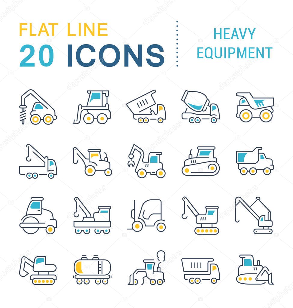 Set of vector line icons, sign and symbols with flat elements of heavy equipment for modern concepts, web and apps. Collection of infographics logos and pictograms.