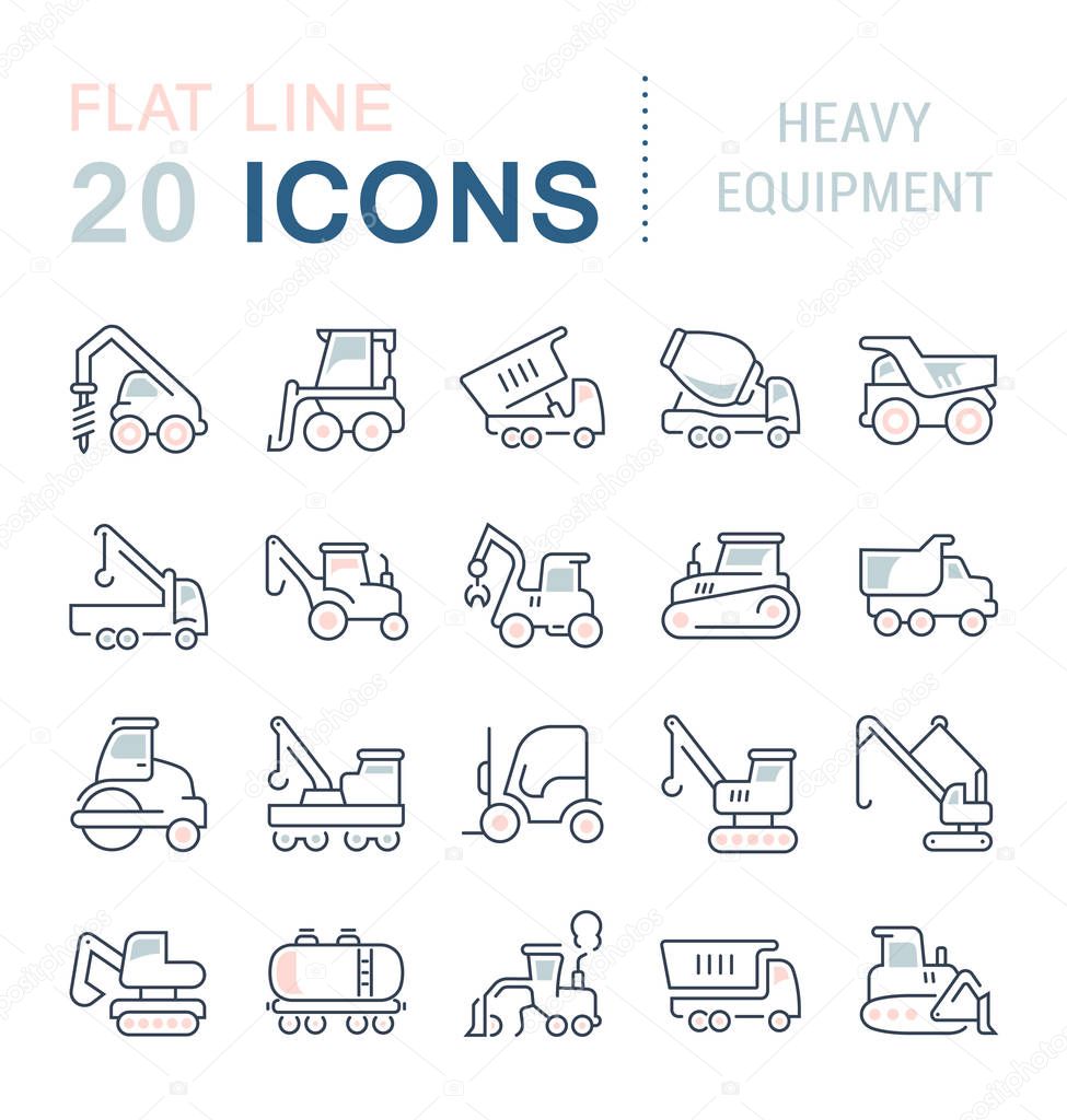 Set of vector line icons, sign and symbols with flat elements of heavy equipment for modern concepts, web and apps. Collection of infographics logos and pictograms.