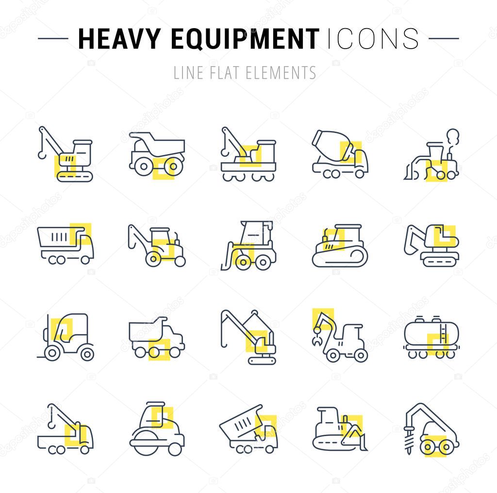 Set of vector line icons and signs with yellow squares of heavy equipment for excellent concepts. Collection of infographics logos and pictograms.