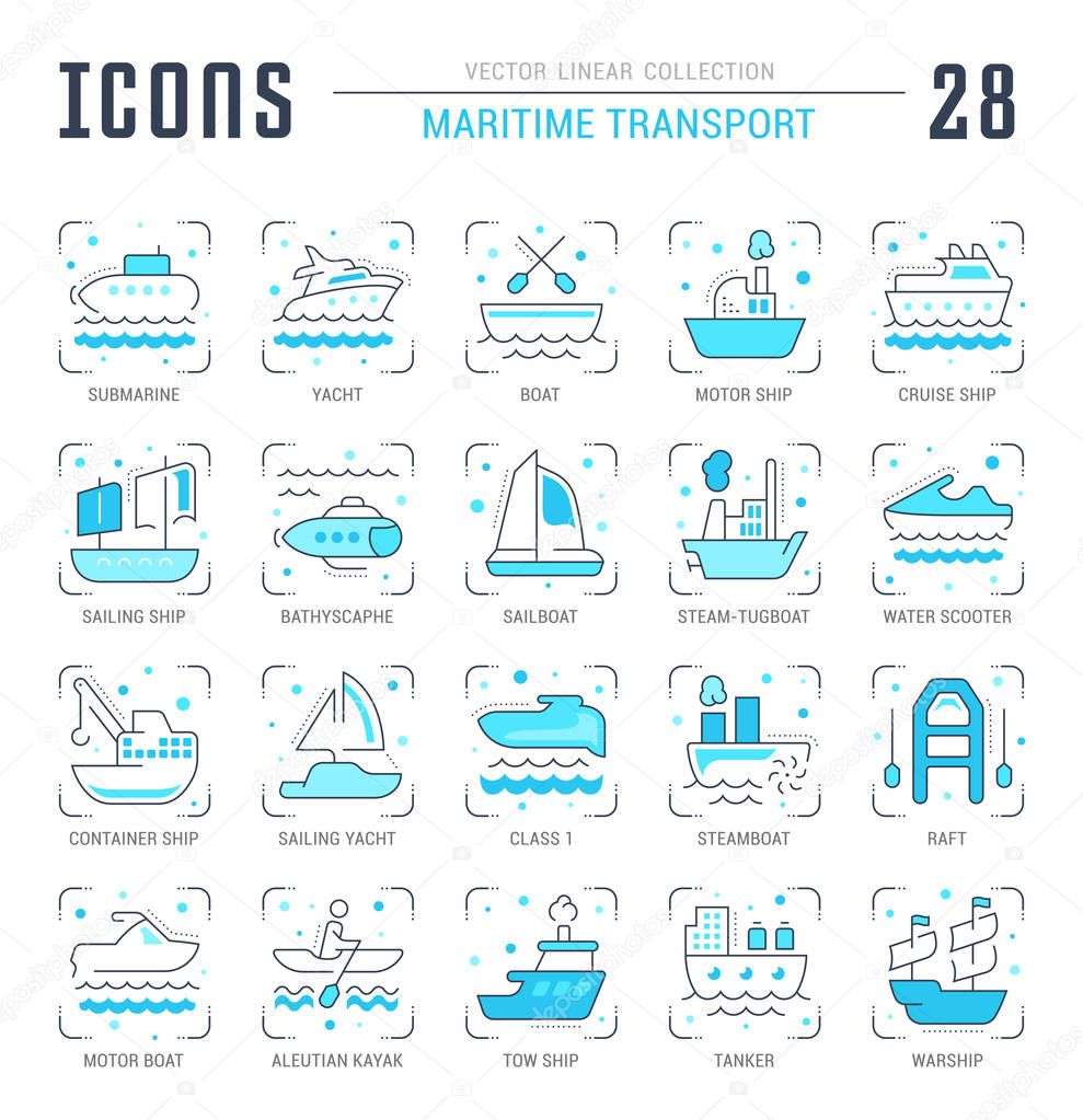 Collection of vector flat icons with thin line elements of maritime transport. Set of clean design, and outline signs. Simple linear infographics and pictograms pack for web graphics and apps.
