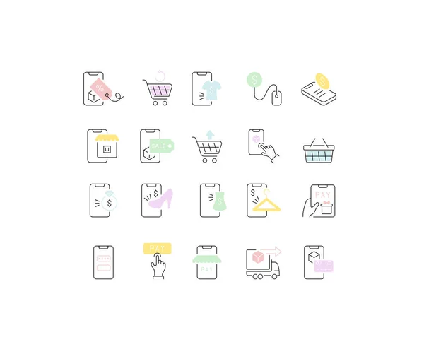 Conjunto de iconos de línea vectorial de compras móviles — Vector de stock