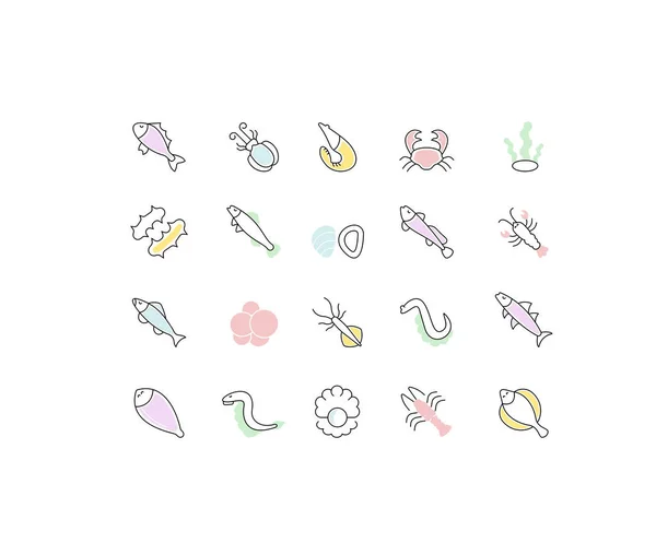 Set de iconos de línea vectorial de mariscos — Vector de stock